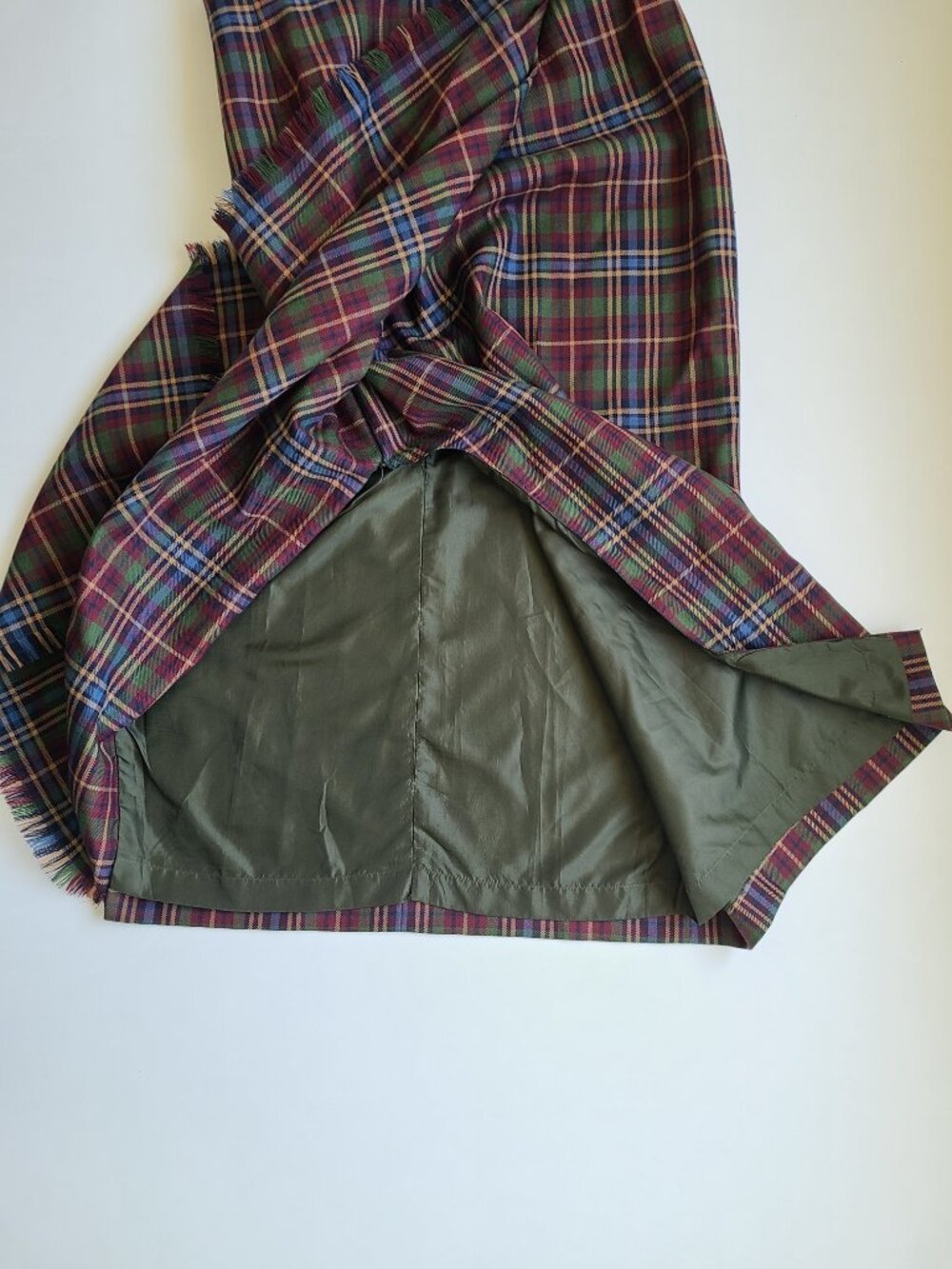 Vintage Faux Wrap Skirt 10 Wst 27.5" Brown Green Plaid 100% Wool Midi FLAWS - Picture 7 of 14